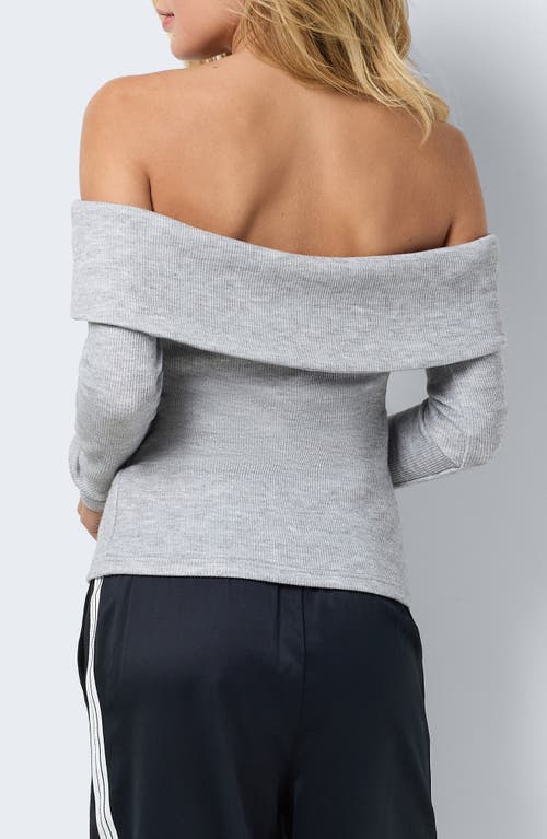 Noisy May Stormy Off-the-shoulder Two Way Zip Long Sleeve Sweater In Light Grey Melange