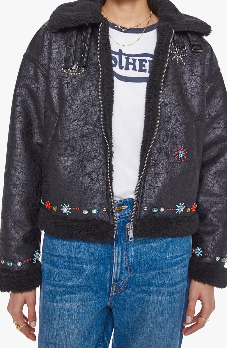 MOTHER The Strappy Crystal Detail Faux Shearling Jacket, Main, color, Mercury In Retrograde