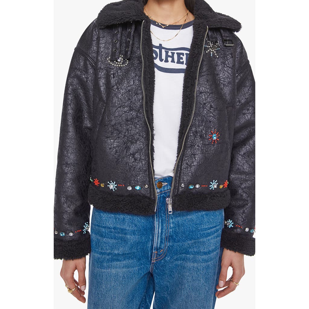 Mother The Strappy Crystal Detail Faux Shearling Jacket In Black