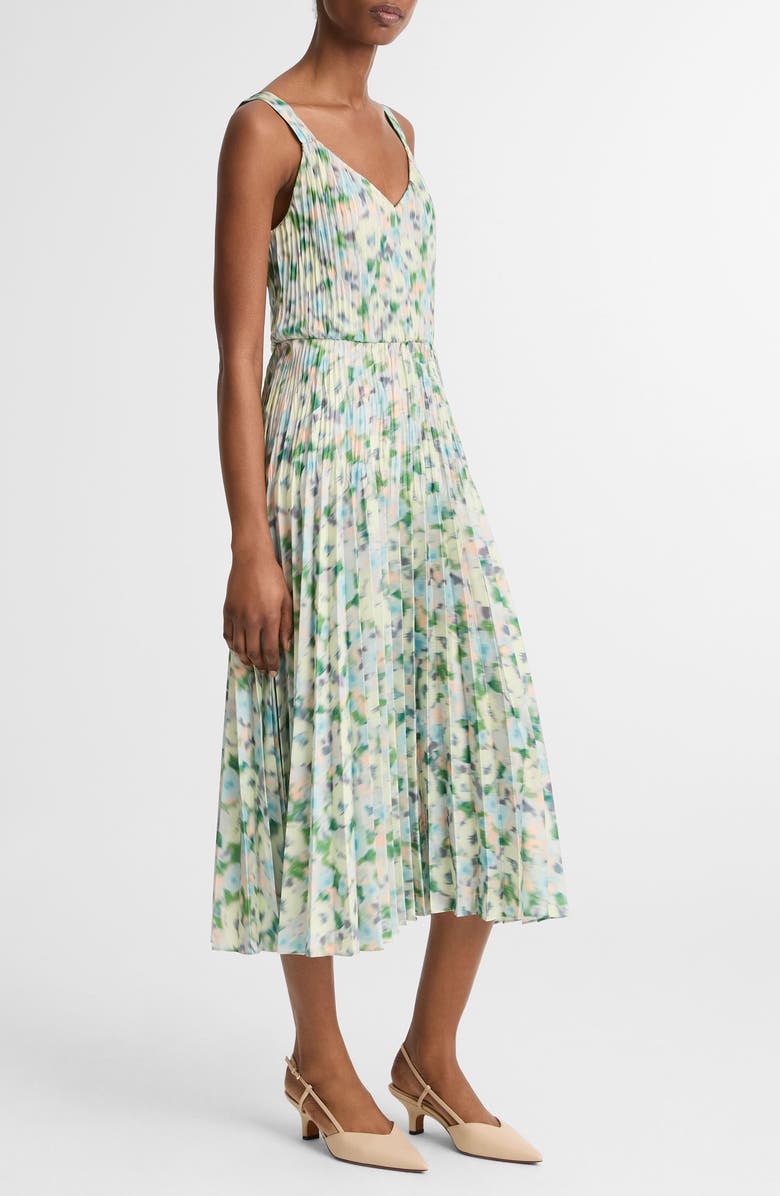 Vince Painted Garden V-Neck Pleated Dress, Alternate, color, Herb Petal