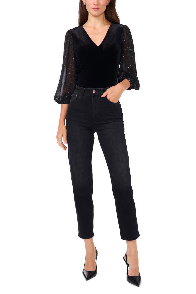 Rhinestone Balloon Sleeve Velvet Top, Alternate, color, RICH BLACK