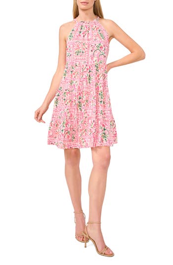 Cece Floral Tiered Trapeze Dress In White