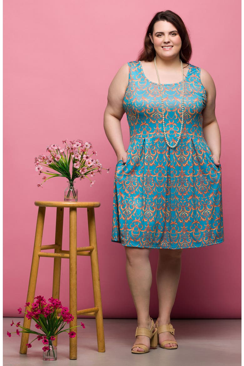 Filigree Print Fit & Flare Dress, Alternate, color, BLUE MULTI