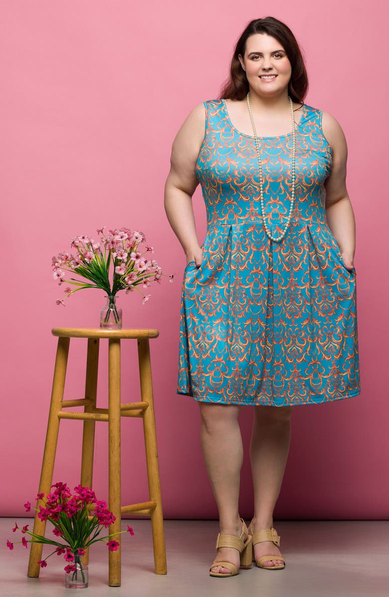 24seven Comfort Apparel Filigree Print Fit & Flare Dress, Alternate, color, Blue Multi