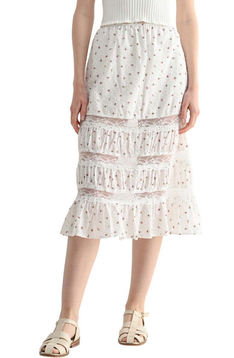 All in Favor Lace Inset Floral Cotton Midi Skirt, Main, color, Ivory Red Ditsy