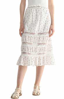 All in Favor Lace Inset Floral Cotton Midi Skirt