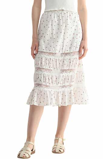 All in Favor Lace Inset Floral Cotton Midi Skirt