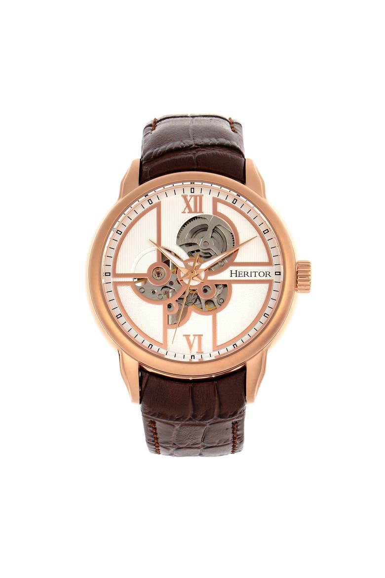 Sanford Semi-Skeleton Leather-Band Watch, Main, color, Rose Gold/Brown