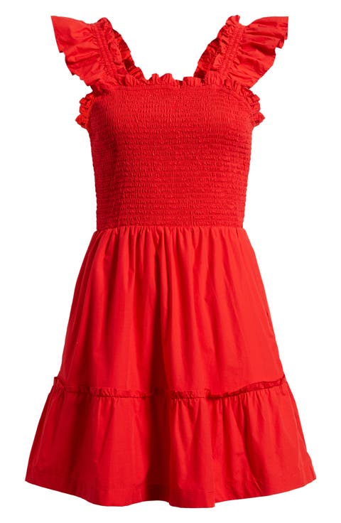 Smocked Tiered Cotton Ruffle Trim Minidress