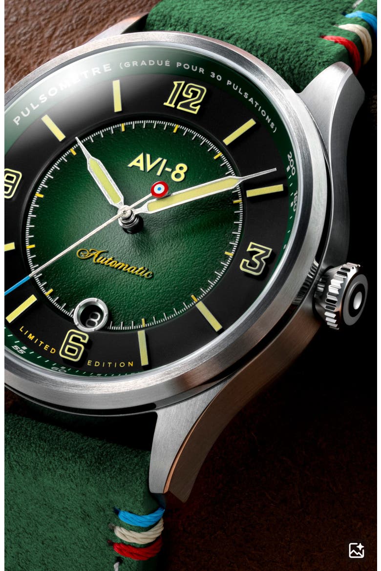 Flyboy Lafayette Automatic 110th Anniversary Limited Edition Leather Strap Watch, 42mm, Alternate, color, GREEN