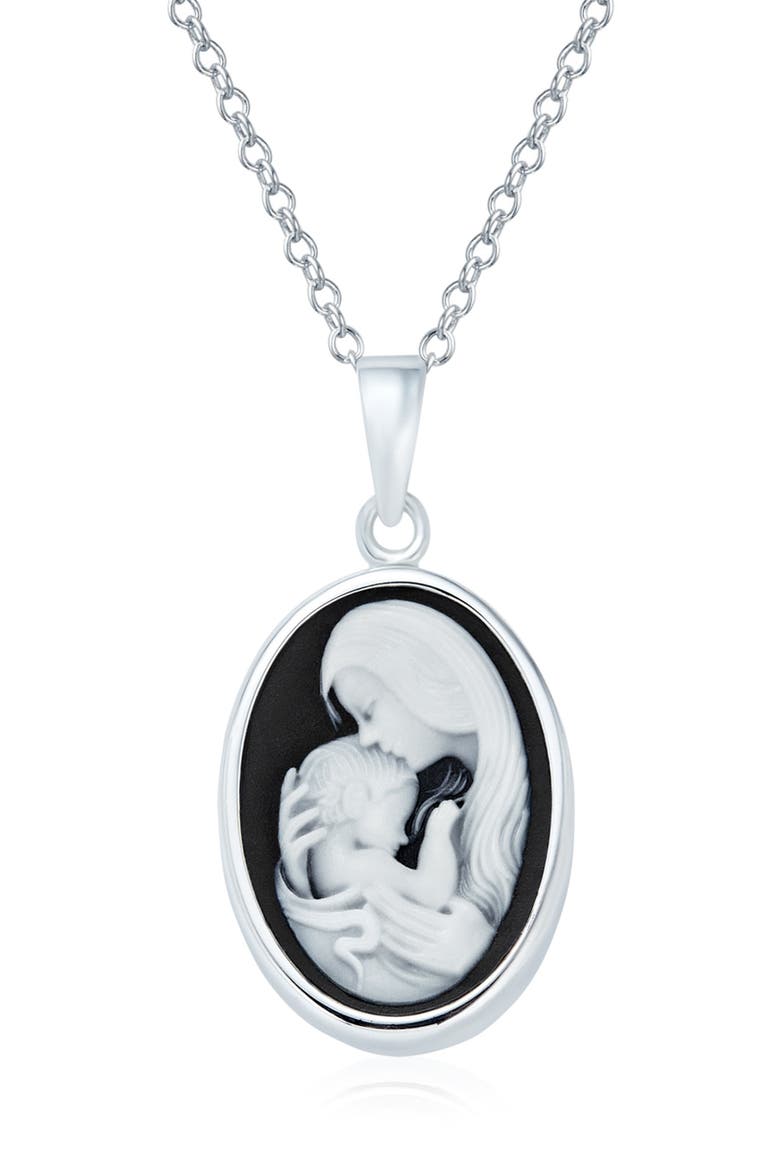 Sterling Silver Mother & Child Cameo Pendant Necklace, Main, color, BLACK