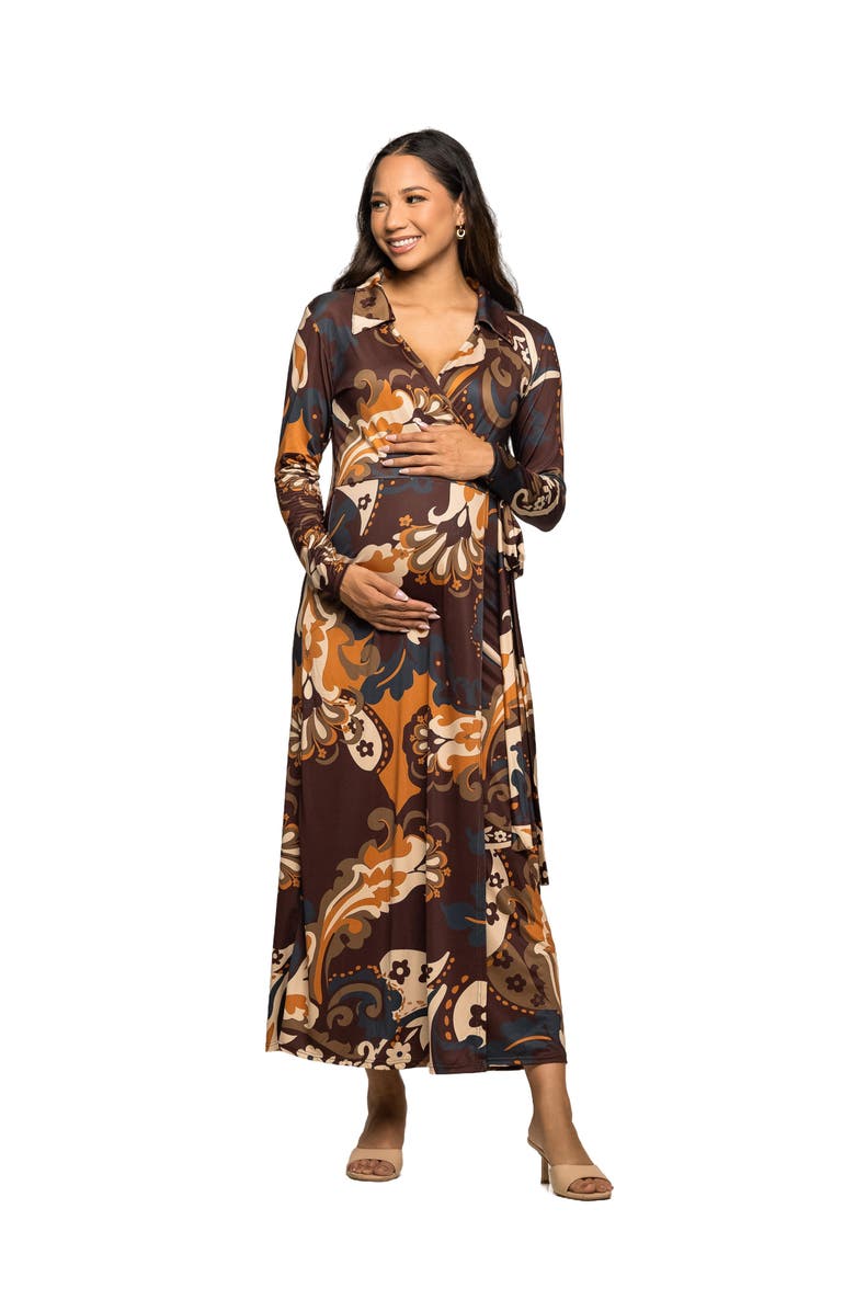24seven Comfort Apparel Paisley Empire Waist Maxi Dress, Main, color, Brown Multi