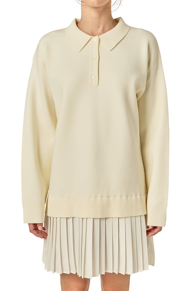 English Factory Long Sleeve Mixed Media Polo Minidress, Alternate, color, Cream