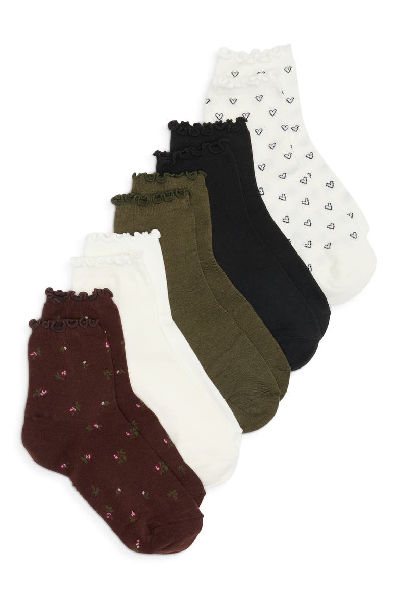 5-Pack Tossed Floral Lettuce Edge Rib Quarter Socks, Main, color, BROWN MULTI