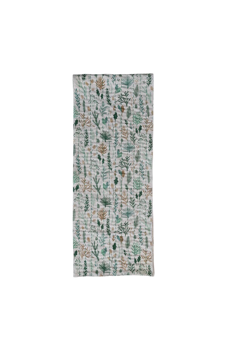 Storied Home Woven Slub Printed Table Runner with Botanical Pattern, Hand-Embroidered Kantha Stitch and Velvet Back, Multicolor, Main, color, Green