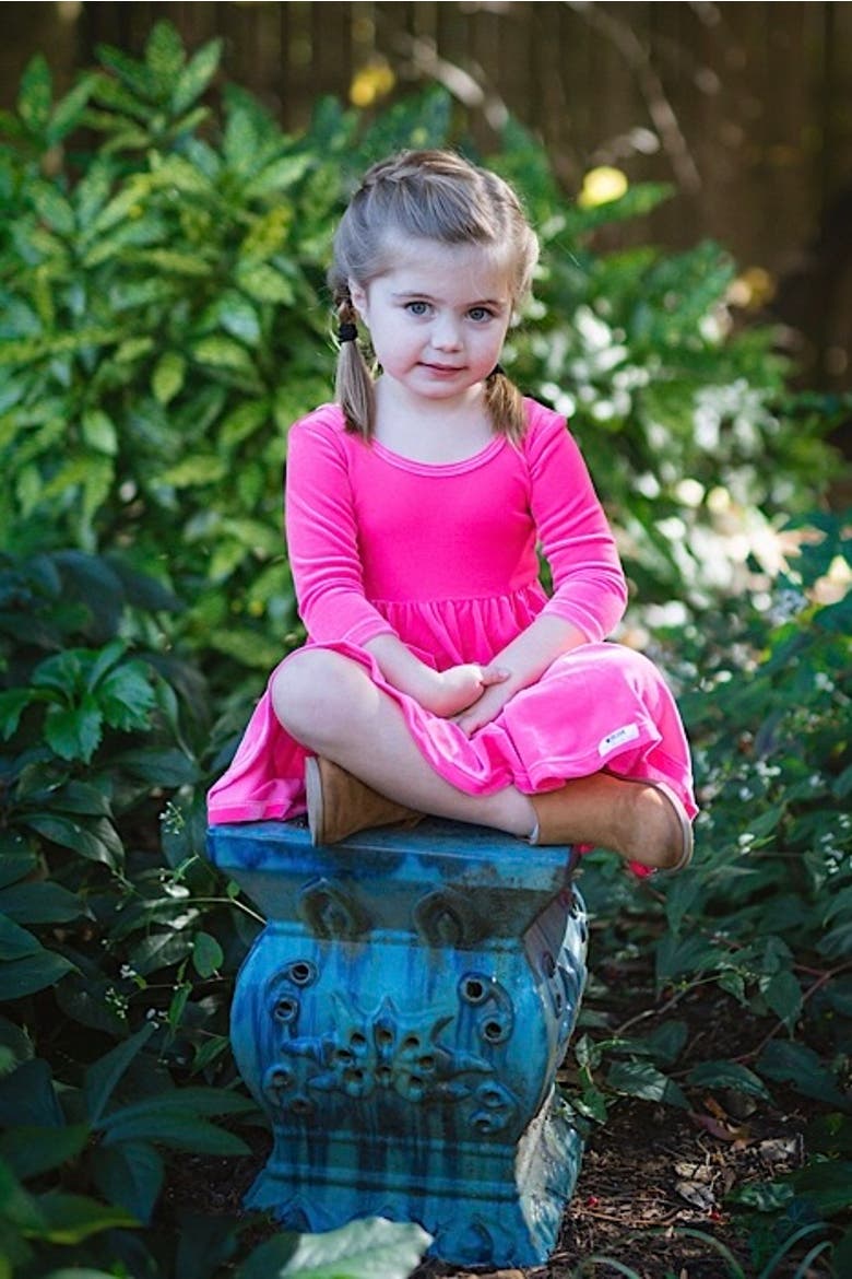Girls Stretch Velvet Twirly Dress, Alternate, color, Hot Pink