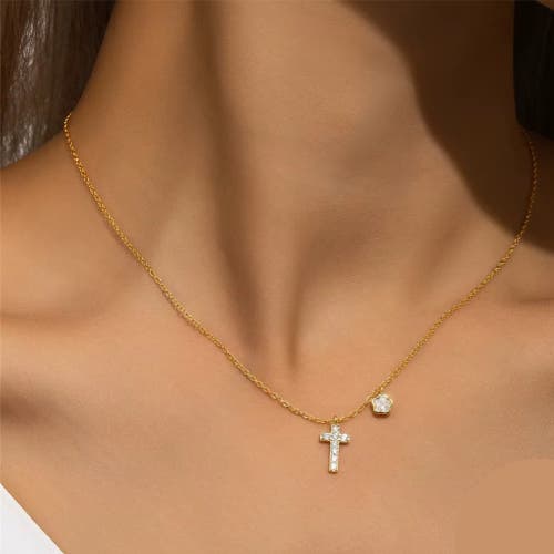 Hollywood Sensation Cross Necklace With Sparkling Cz And Floral Charm In Gold