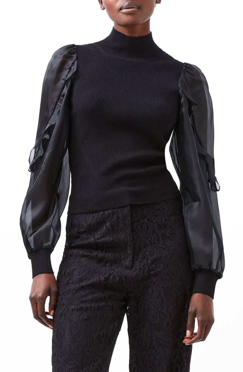 French Connection Krista Organza Puff Sleeve Top, Main, color, Blackout