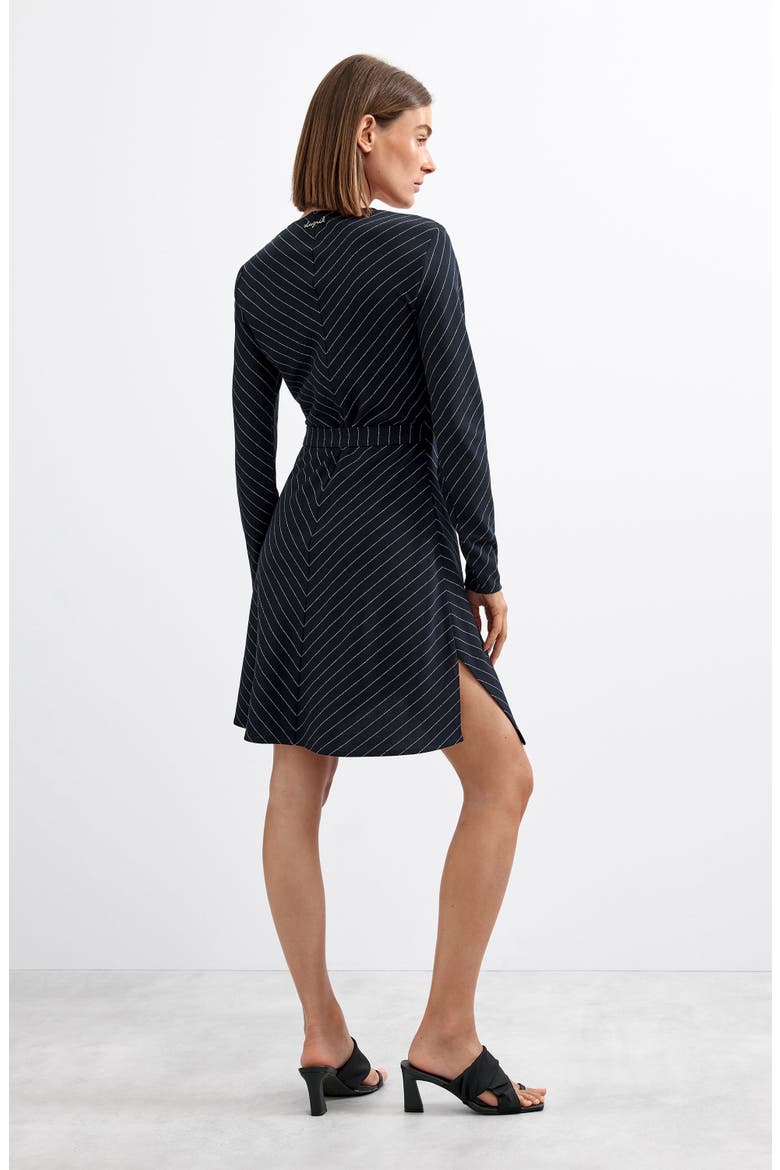 Pinstripe Long Sleeve Faux Wrap Dress, Main, color, BLACK