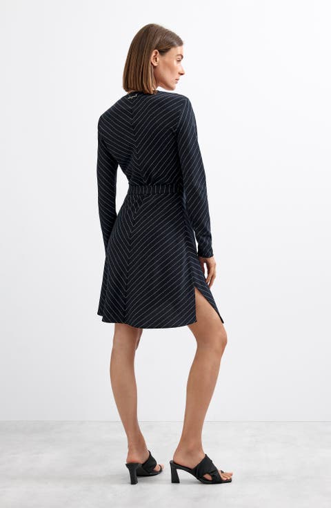 Pinstripe Long Sleeve Faux Wrap Dress