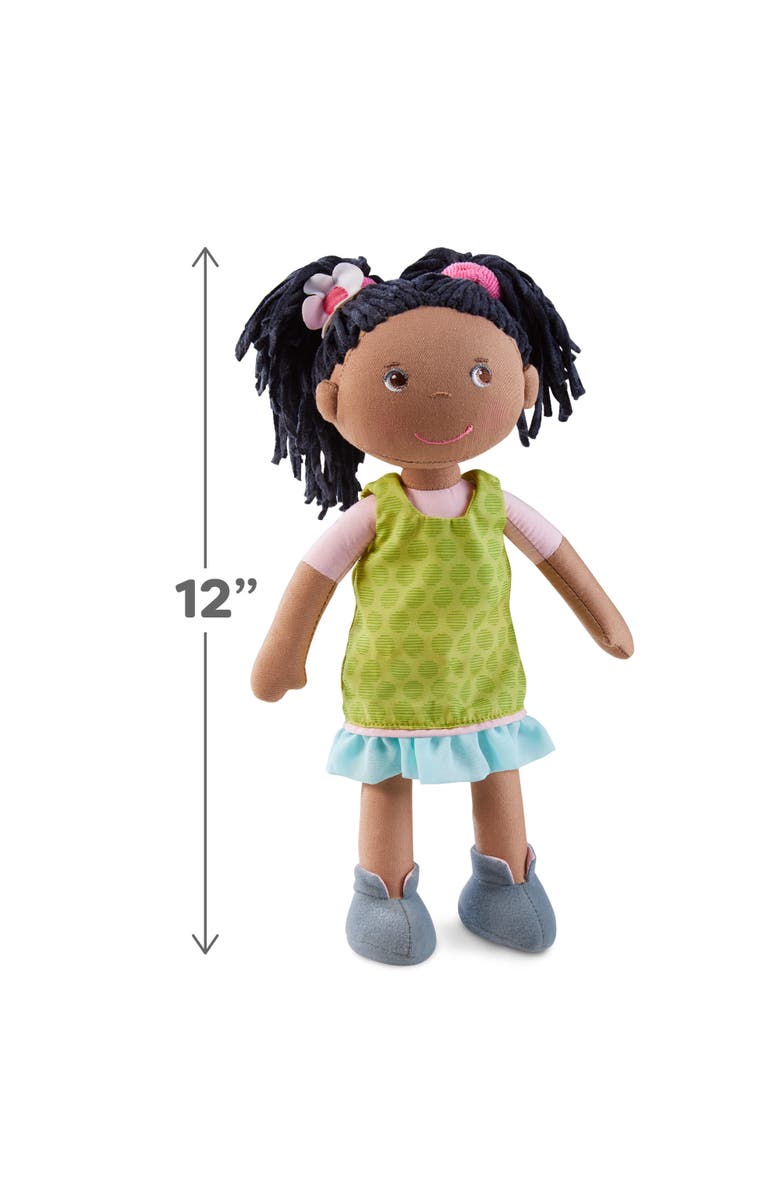 HABA Cari 12" Black Baby Doll with Black Pigtails, Embroidered Face, Removable Green Dress, Machine Washable Soft Baby Doll - 18 Months+, Alternate, color, Green Multi