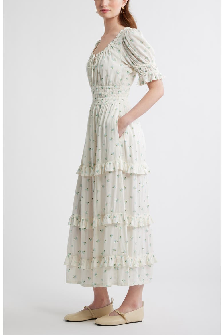 Smock Waist Ruffle Trim Tiered Maxi Dress, Alternate, color, IVORY- BLUE GARDEN DITSY