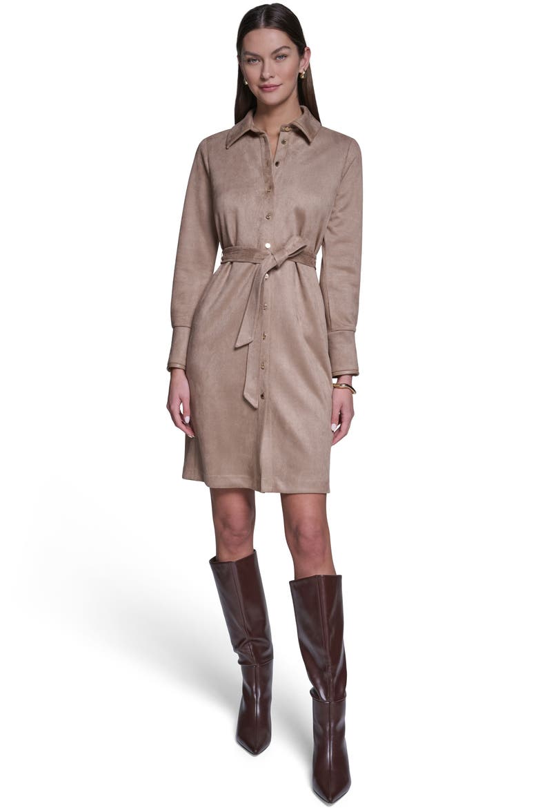 Long Sleeve Suede Shirt Dress, Main, color, Spiced Almond