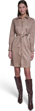 HALSTON Long Sleeve Suede Shirt Dress