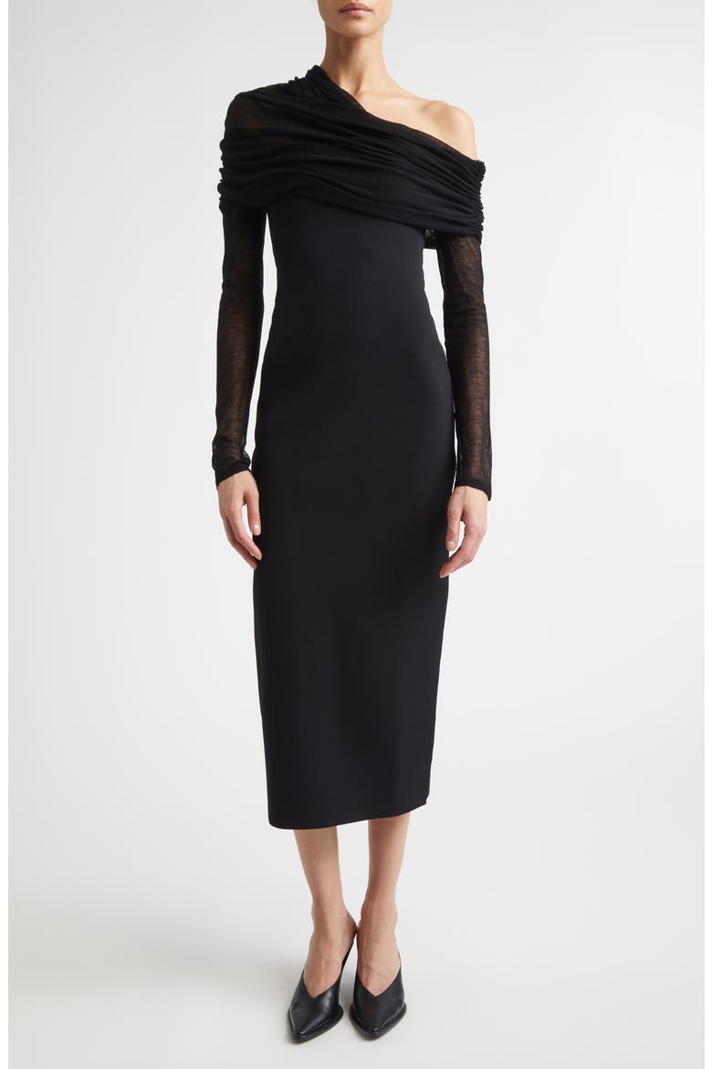 Meyer Draped One-Shoulder Long Sleeve Midi Dress, Main, color, BLACK
