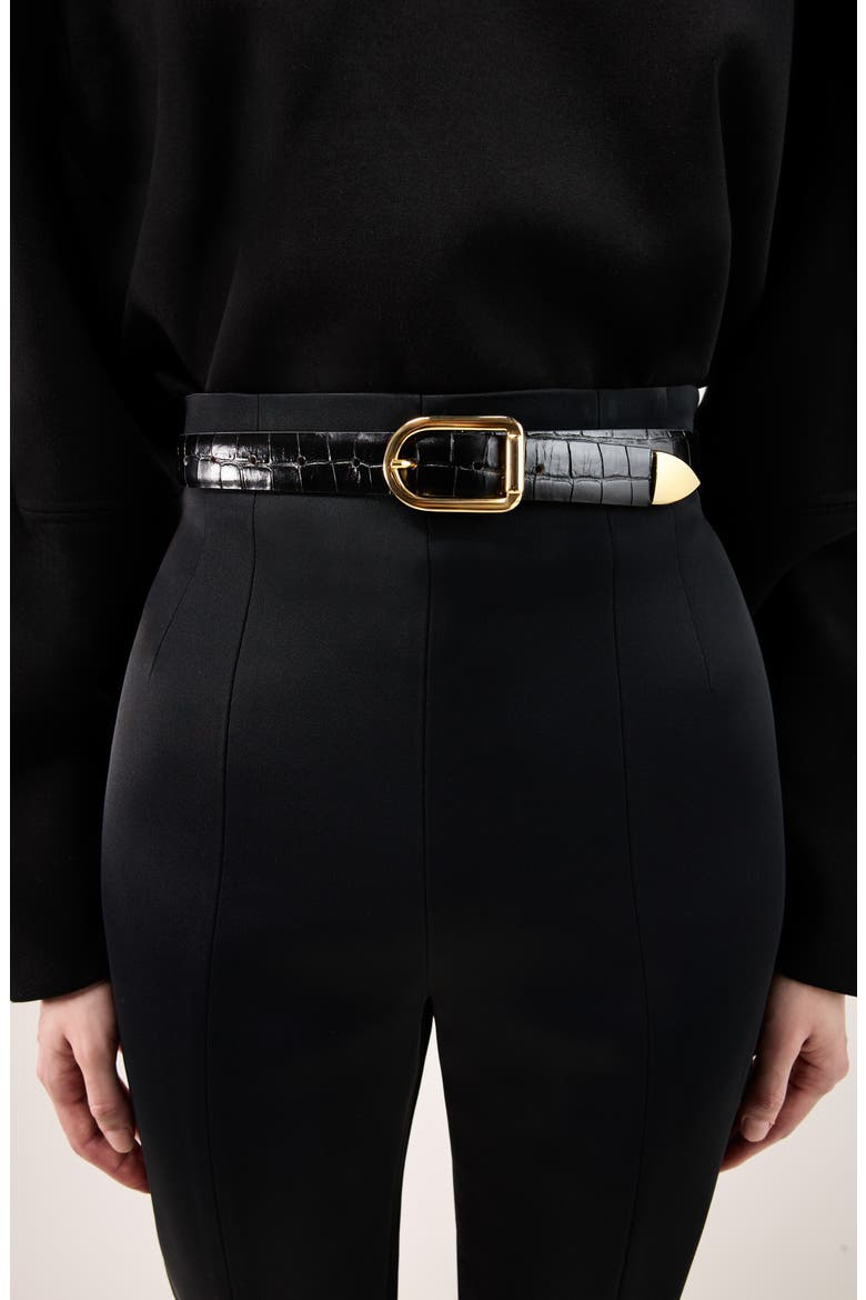 Mija Croc-Embossed Leather Belt, Alternate, color, BLACK CROCO/ GOLD