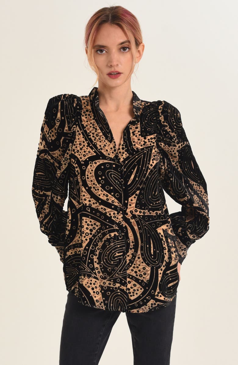 CIEBON Sadie Mixed Print Burnout Velvet Button-Up Shirt, Alternate, color, Black Multi