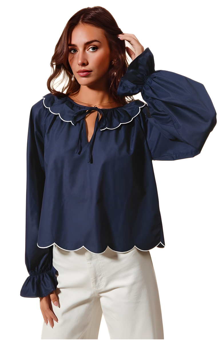 Knit and Lounge Scallop Trim Blouse with Ruffled Collar and Tie Neck, Alternate, color, 