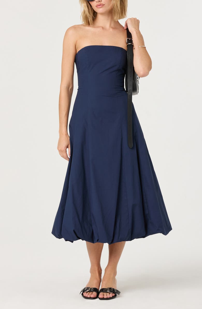ASTR the Label Strapless Bubble Hem Cotton Poplin Midi Dress, Alternate, color, Navy