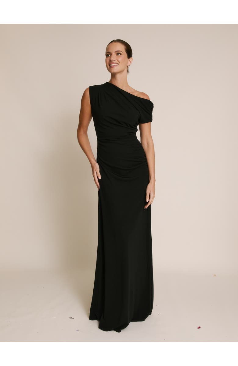 Six Stories Slash Neck Draped Bridesmaid Dress, Main, color, Black