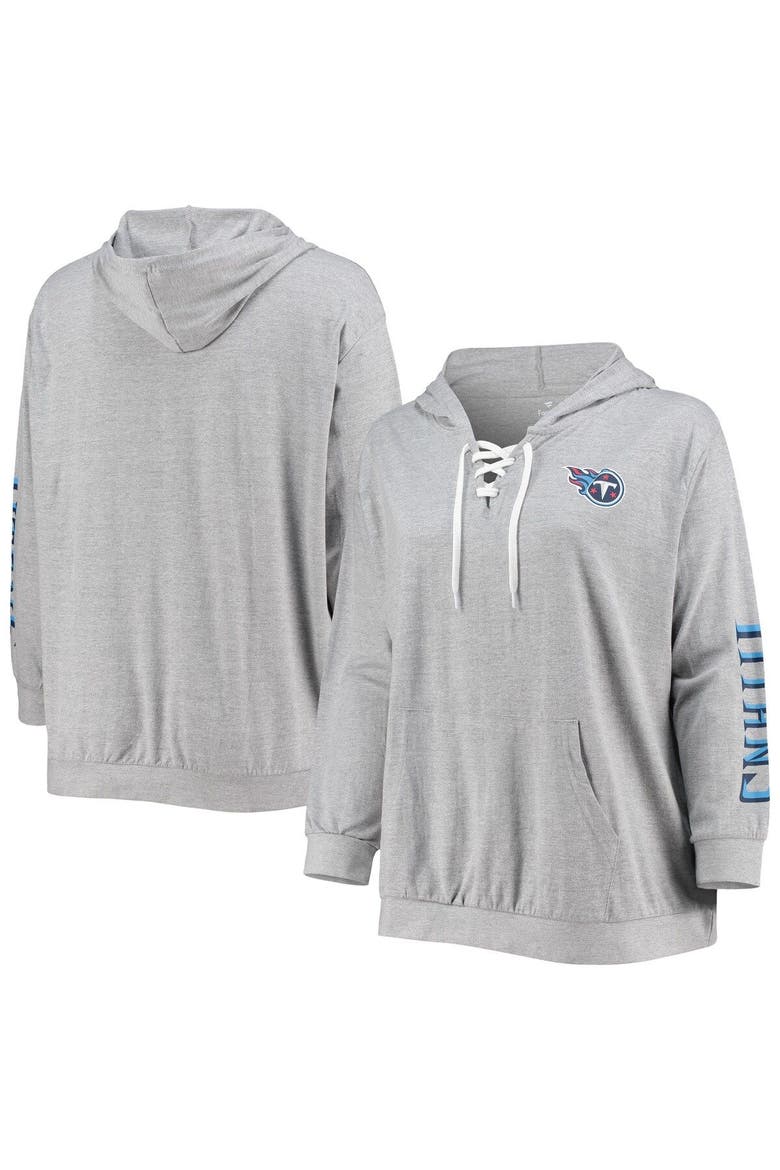 Women's Fanatics Branded Heathered Gray Tennessee Titans Plus Size Lace-Up Pullover Hoodie, Main, color, Heather Gray