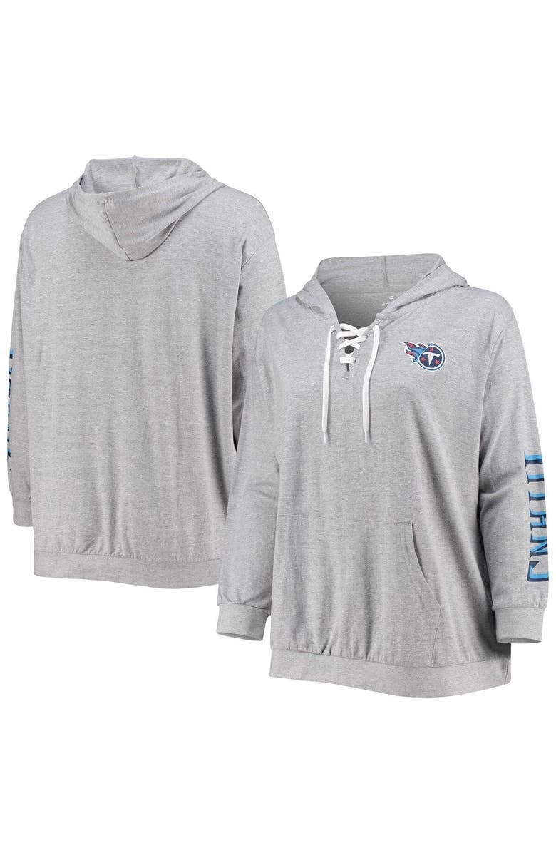 FANATICS Women's Fanatics Branded Heathered Gray Tennessee Titans Plus Size Lace-Up Pullover Hoodie, Main, color, 