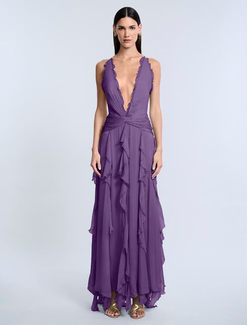 Bcbg Ruffle Halter Chiffon Gown In Purple