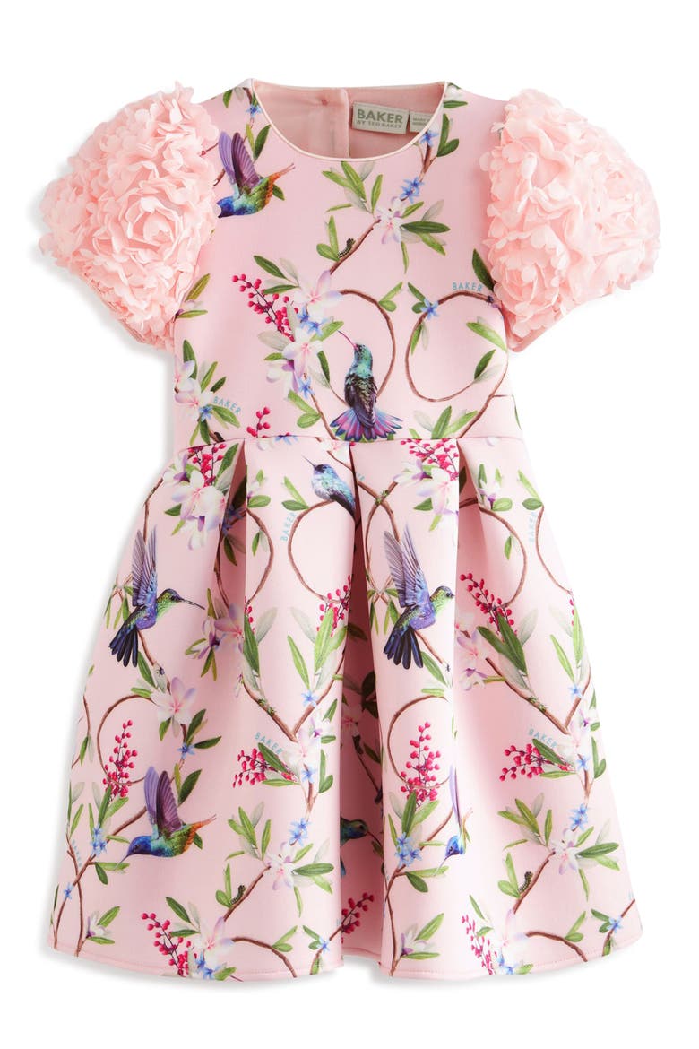 Kids' 3D Floral Sleeve Scuba Dress, Main, color, PINK