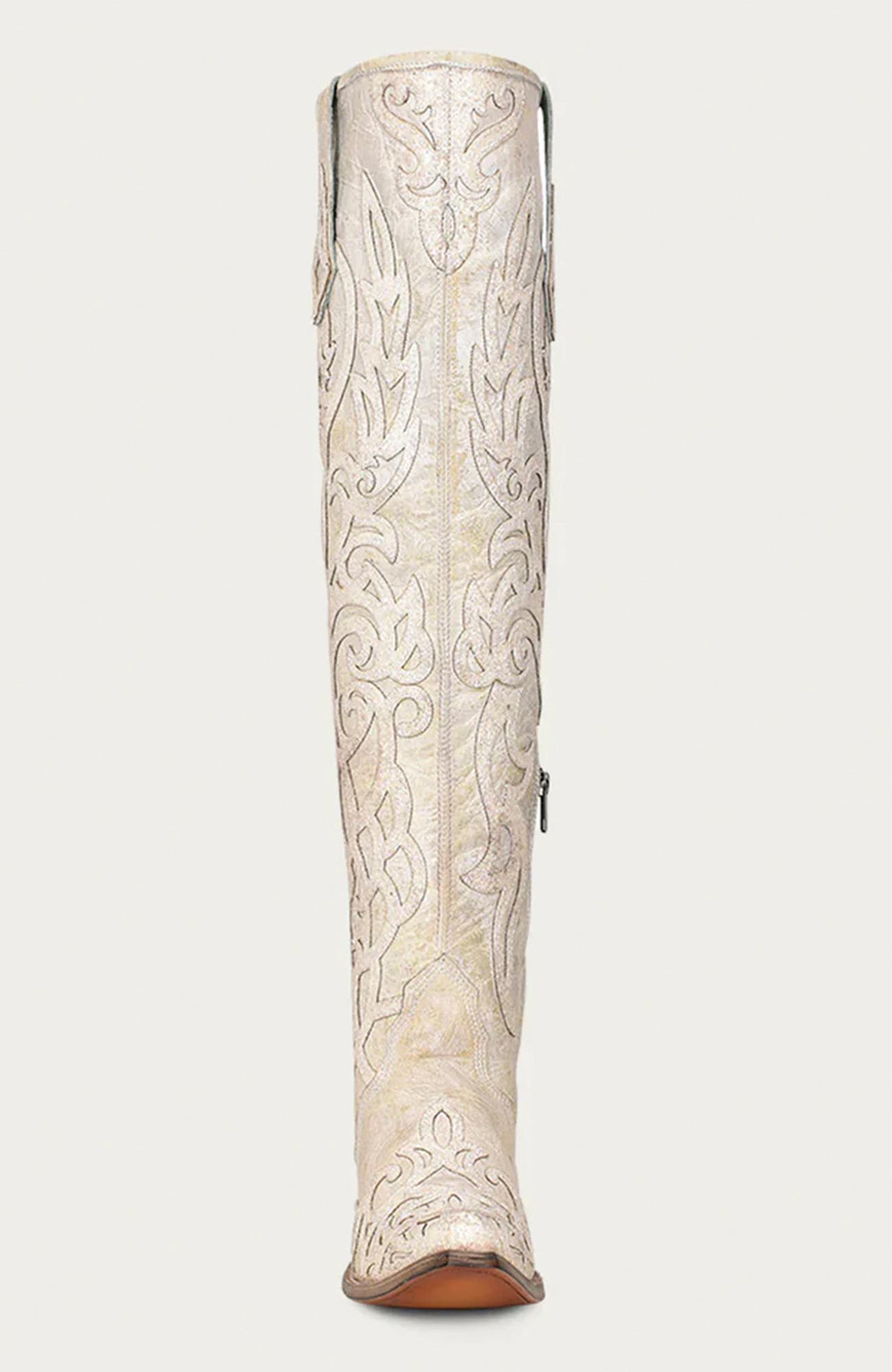 Cowhide Embroidered Overlay Glitter Snip Toe Tall Boots, Alternate, color, Beige