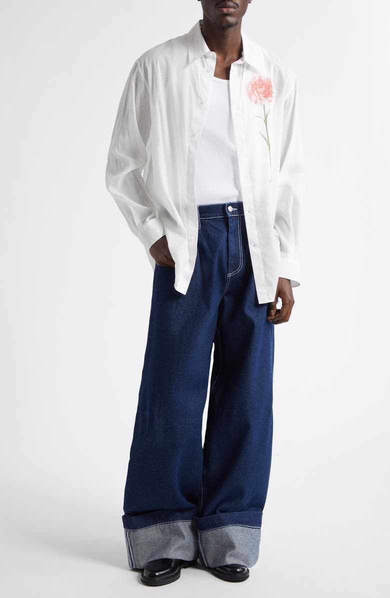 Simone Rocha Carnation Print Easy Cotton Voile Button-Up Shirt, Alternate, color, 