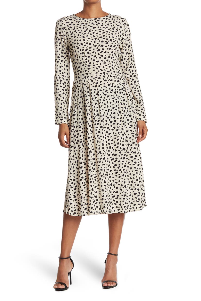 Animal Pattern Long Sleeve Midi Dress, Main, color, BLACK/ CREAM