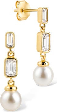 Sterling Forever Hope Baguette Cultured Pearl Drop Earrings