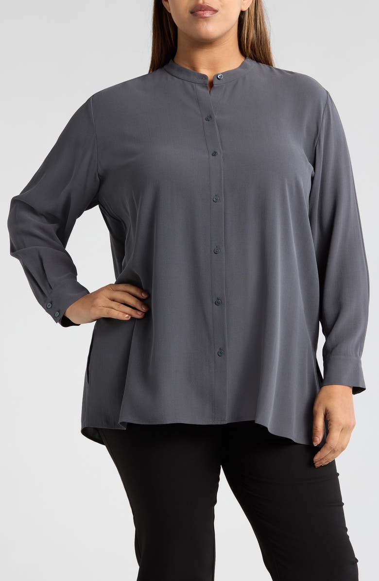 Eileen Fisher Band Collar Silk Button-Up Shirt, Main, color, 