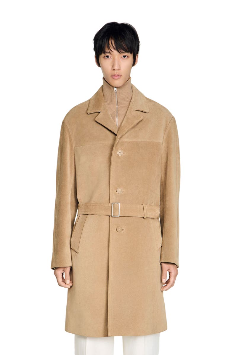 SANDRO Long belted leather coat, Alternate, color, Cappucino