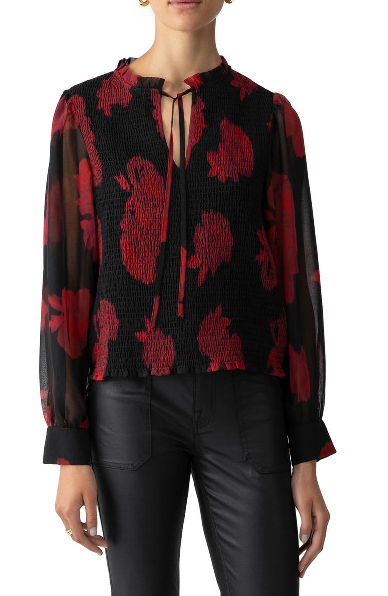 Sanctuary Softly Smocked Tie Neck Recycled Polyester Top, Main, color, 