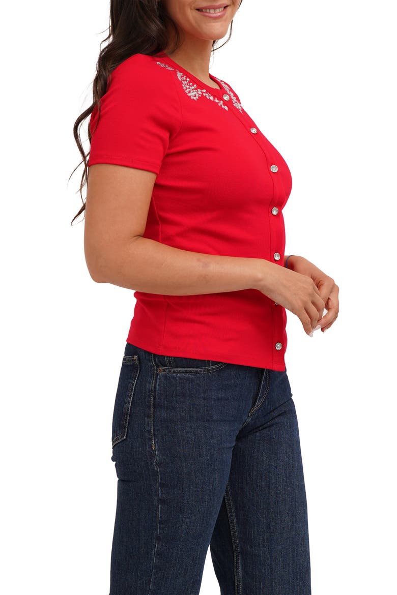 Embellished Collar Short Sleeve Cardigan, Alternate, color, CABERNET RED