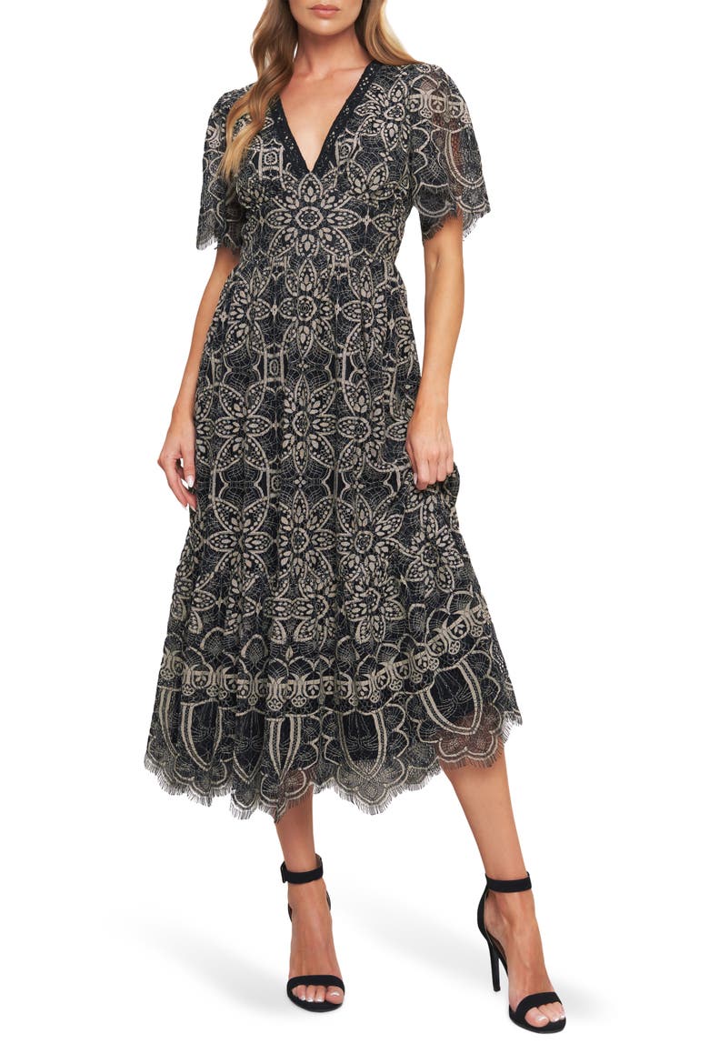 Two-Tone Lace Short Sleeve Midi Dress, Main, color, BLACK