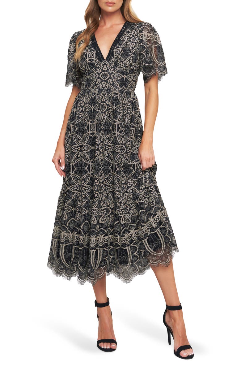 FLYING TOMATO Two-Tone Lace Short Sleeve Midi Dress, Main, color, Black