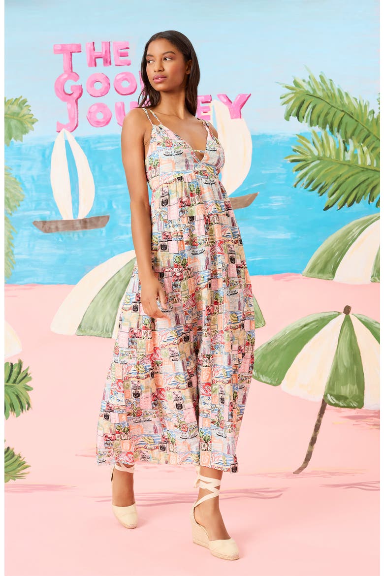 Postcard Print Empire Waist Maxi Dress, Alternate, color, PEACH/ GREEN