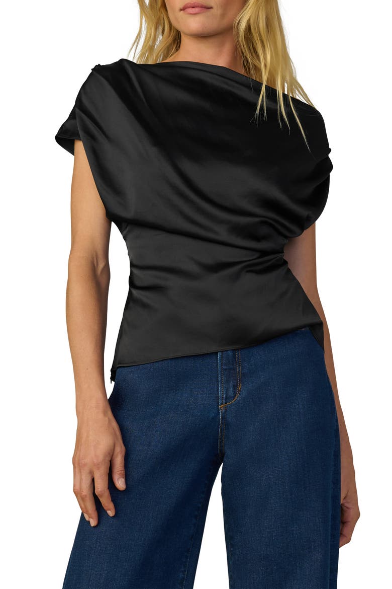 The Isla Drape One-Shoulder Satin Top, Main, color, BLACK